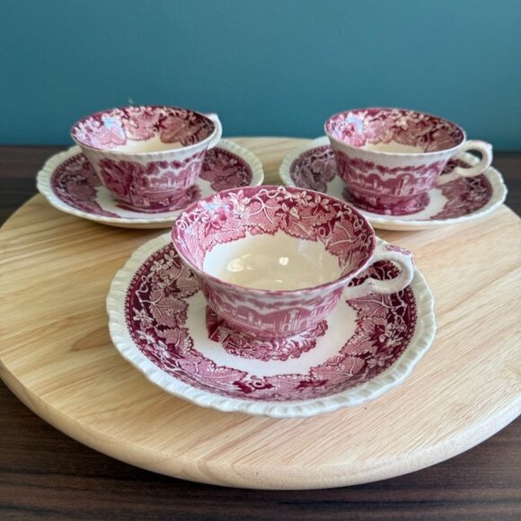 Set Of 3 Vintage Masons Vista Red Ironstone Tea Cups & Saucers Made In England - Picture 1 of 10